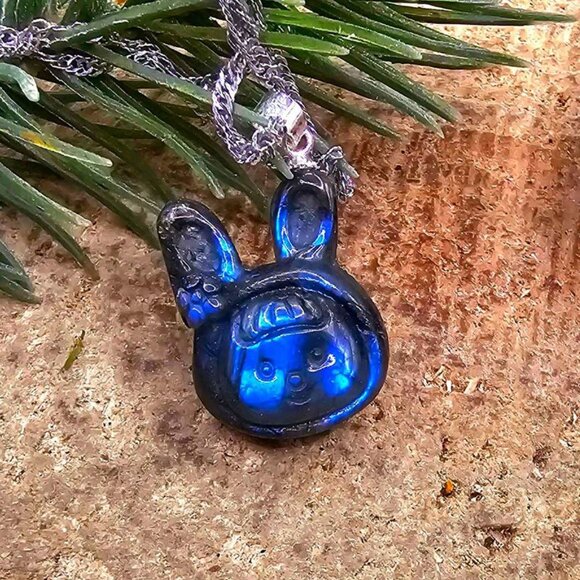 Nature Labradorite Carved Flashy Cute Rabbit Girl Pendant Necklace - Picture 6 of 10
